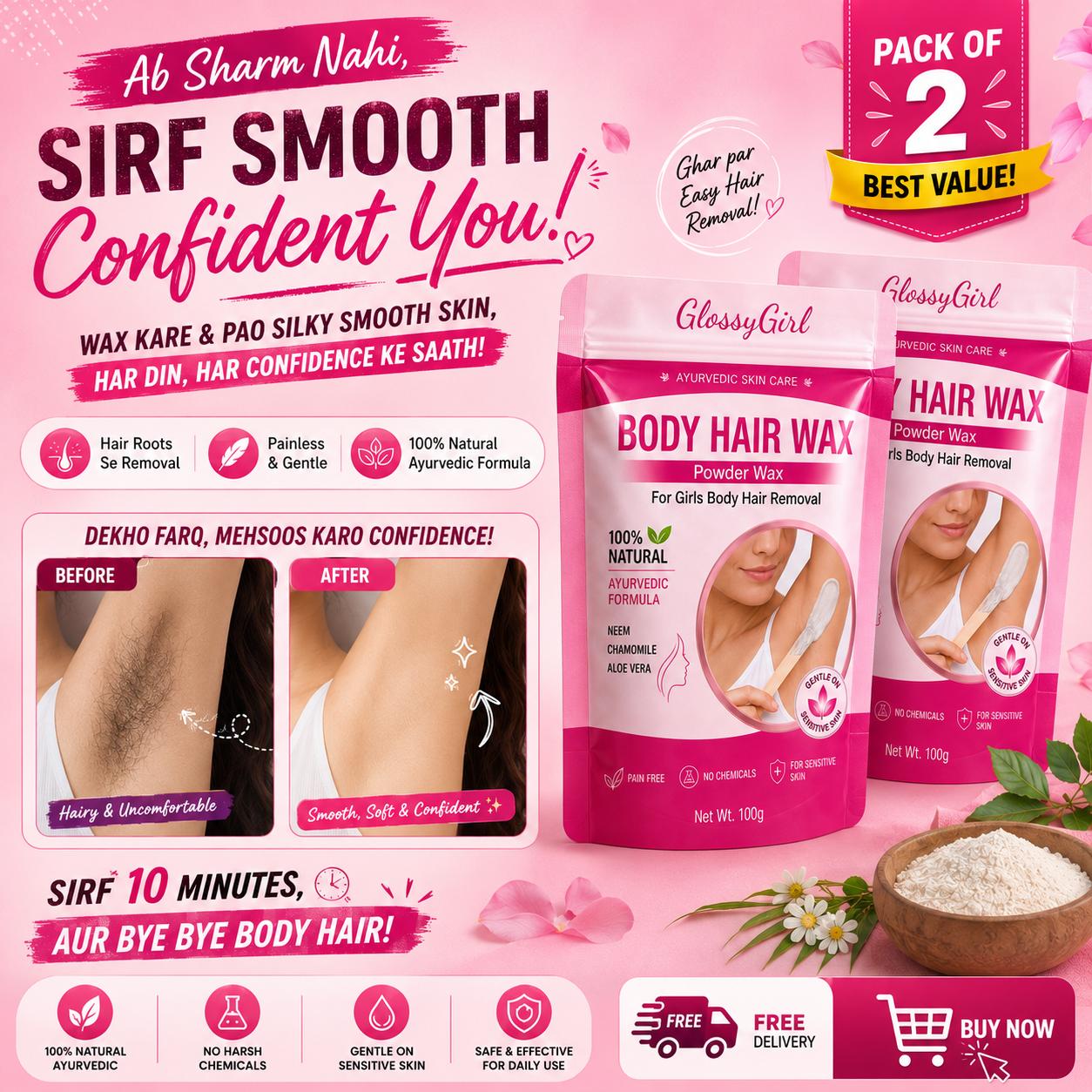 Full Body Hair Wax Removal Powder PACK OF 2 (100gm Each) - Remove Body Hair In 10 Minutes