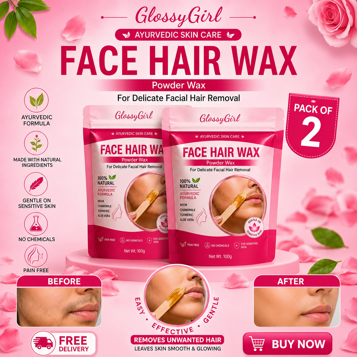 Facial Hair Wax Removal Powder PACK OF 2 (100gm Each) - Remove Facial Hair In 10 Minutes