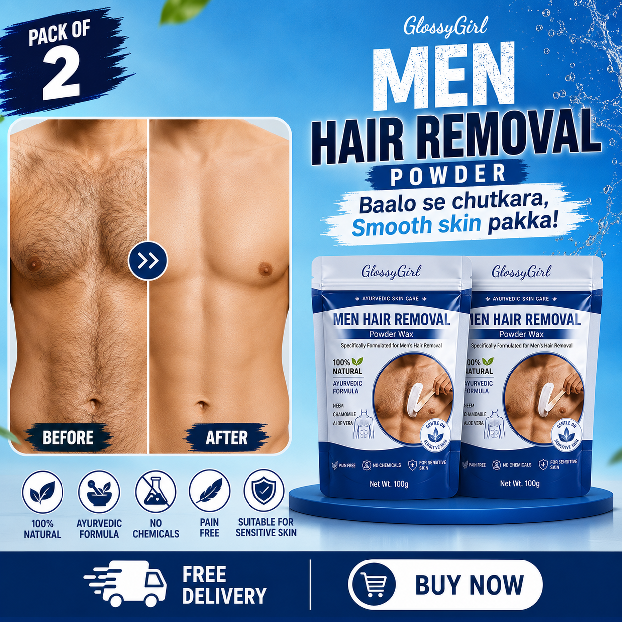 Hair Wax Removal Powder PACK OF 2 (100gm Each) For Men - Remove Face, Body & Pubic Hair In 10 Minutes