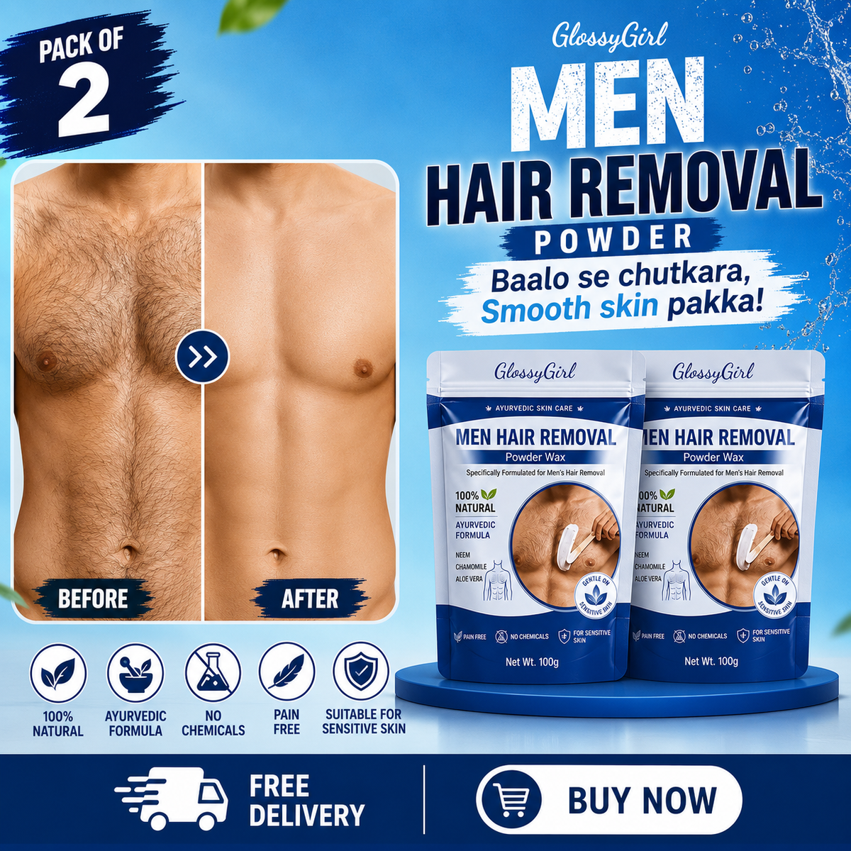 Hair Wax Removal Powder PACK OF 2 (100gm Each) For Men - Remove Face, Body & Pubic Hair In 10 Minutes